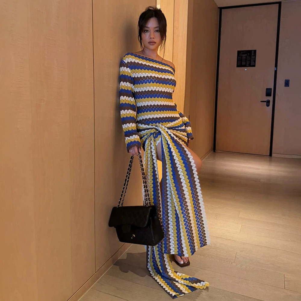Zara New Relaxed Stripe Color Block Off Shoulder Tie Bodycon Long Sleeve Dress